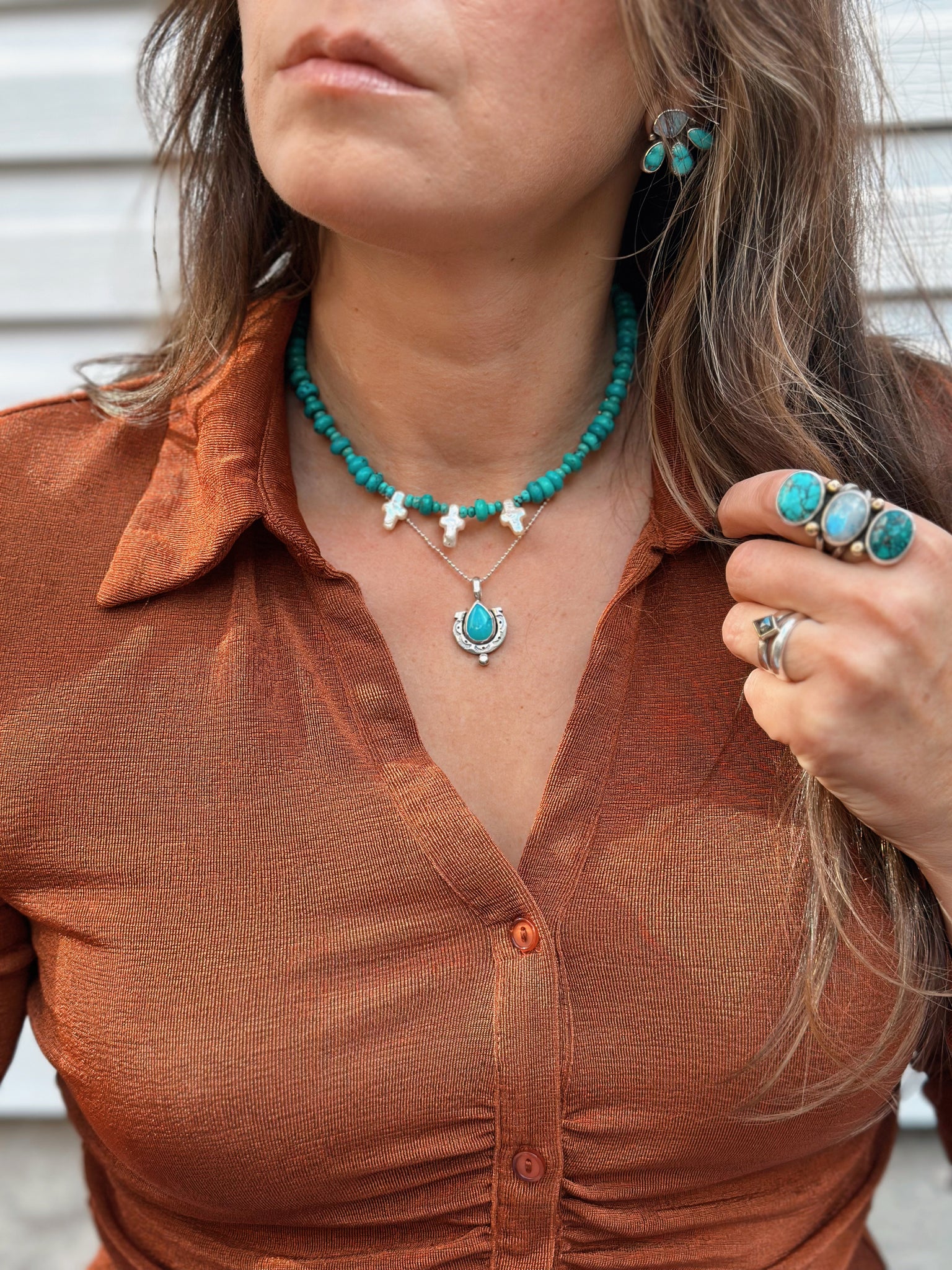 TURQUOISE PEARL CROSS CHOKER - NO. 1