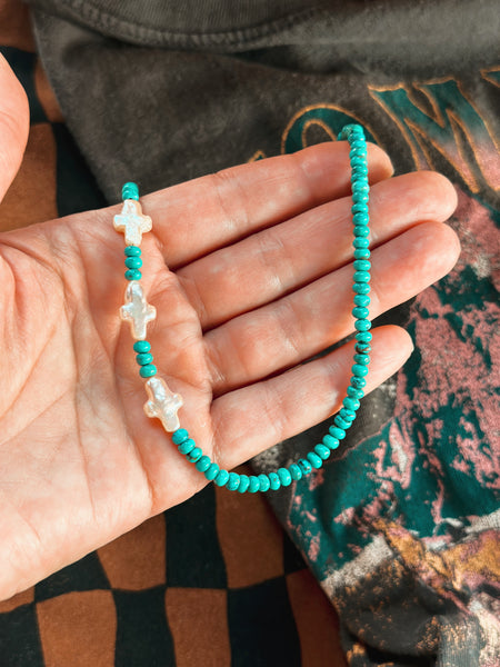 TURQUOISE PEARL CROSS NECKLACE - NO. 1