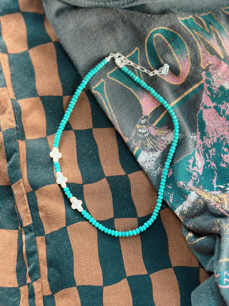TURQUOISE PEARL CROSS NECKLACE - NO. 1