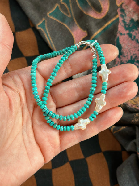 TURQUOISE PEARL CROSS NECKLACE - NO. 1