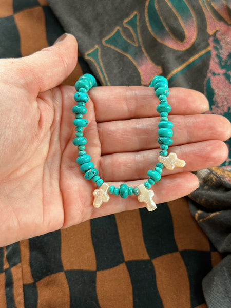 TURQUOISE PEARL CROSS CHOKER - NO. 1
