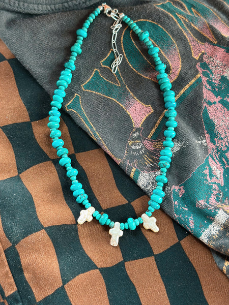 TURQUOISE PEARL CROSS CHOKER - NO. 1