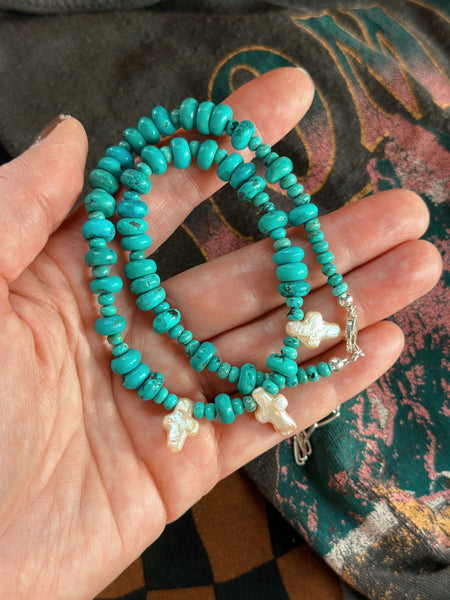 TURQUOISE PEARL CROSS CHOKER - NO. 1